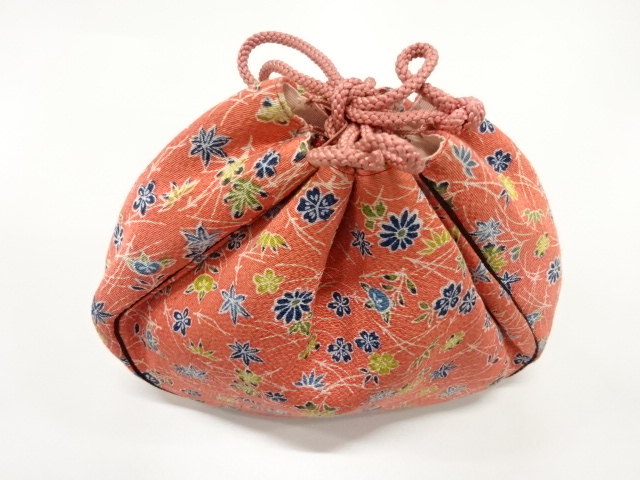 JAPANESE KIMONO / VINTAGE DRAWSTRING BAG / CHIRIMEN / FLORAL PLANTS